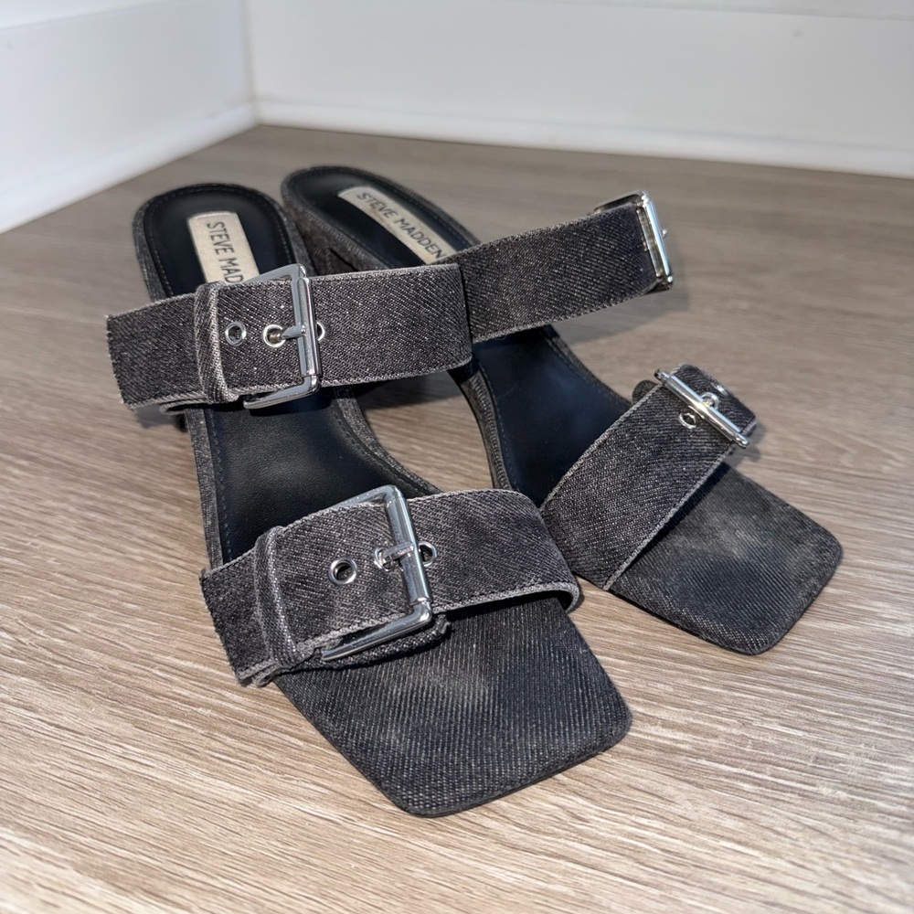 Steve Madden Charcoal Denim Buckle Sandals